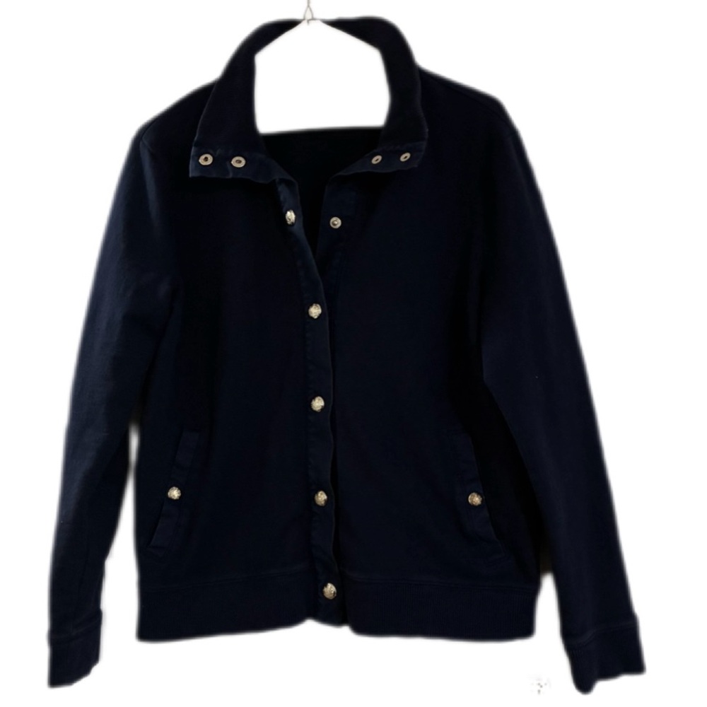 Lauren Ralph Lauren EUC Cotton Knit Sweater Cardigan Silver Button Size L Blue